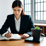 A professional woman, fully clothed in a modest business blazer and blouse, is seated comfortably at a sleek, minimalist wooden desk in a modern, sunlit office. She is gently holding a pen and writing in a leather-bound journal, with a focused and contemplative expression. The background features blurred bookshelves and a small potted plant, suggesting a calm and inspiring environment. Soft, natural lighting illuminates the scene. safe for work, appropriate content, fully clothed, professional, perfect anatomy, correct proportions, natural pose, well-formed hands, proper finger count, natural body proportions, professional photography, high quality.