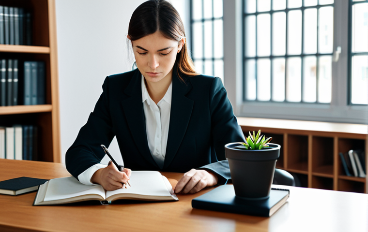 A professional woman, fully clothed in a modest business blazer and blouse, is seated comfortably at a sleek, minimalist wooden desk in a modern, sunlit office. She is gently holding a pen and writing in a leather-bound journal, with a focused and contemplative expression. The background features blurred bookshelves and a small potted plant, suggesting a calm and inspiring environment. Soft, natural lighting illuminates the scene. safe for work, appropriate content, fully clothed, professional, perfect anatomy, correct proportions, natural pose, well-formed hands, proper finger count, natural body proportions, professional photography, high quality.